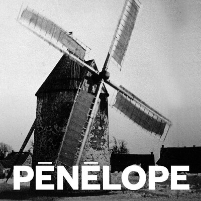 Moulin à vent dans un paysage hivernal à Verchères vers 1865 et le logo de l'émission Pénélope.