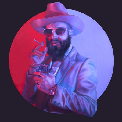 Peinture de menoncle jason, une cigarette et un verre de scotch à la main.