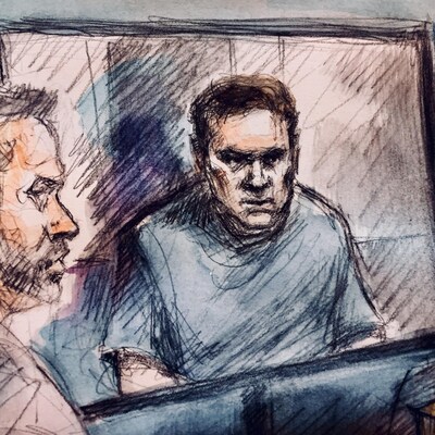 Gros plan d'un dessin fait lors de l'audience de Paul Bernardo.