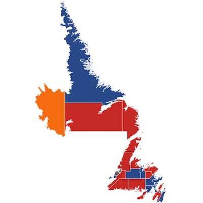 Carte électorale représentant les résultats dans chacune des circonscriptions lors des élections à Terre-Neuve-et-Labrador en 2019.