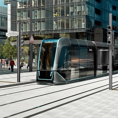 Dessin d'ingénierie de deux rames de tramway circulant au centre-ville de Québec.