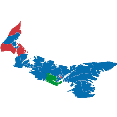 Carte électorale représentant les résultats dans chacune des circonscriptions lors des élections à l'Île-du-Prince-Édouard en 2023.