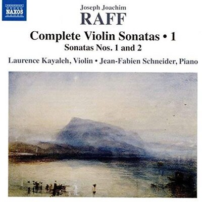 Couverture d'album, Raff: Complete Violin Sonatas, Vol. 1
 texte au-dessus d'un tableau vaguement impressionniste montrant un lac et une montagne