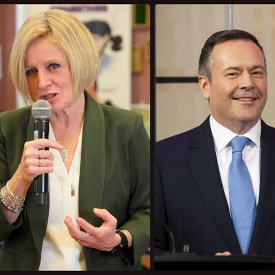 Rachel Notley à gauche et Jason Kenney à droite