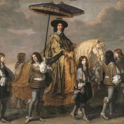 Le Chancelier Séguier et ses parasols illustré par une œuvre du peintre Charles Le Brun.