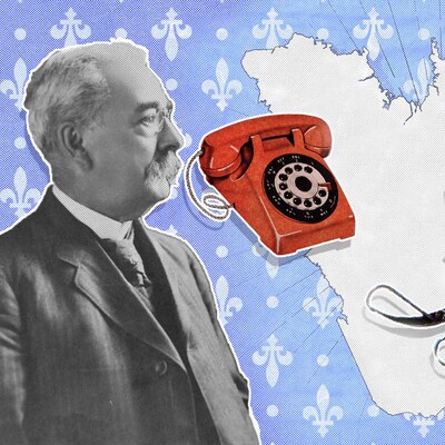 Montage visuel avec l'inventeur Cyrille Duquet, un téléphone et une motoneige.
