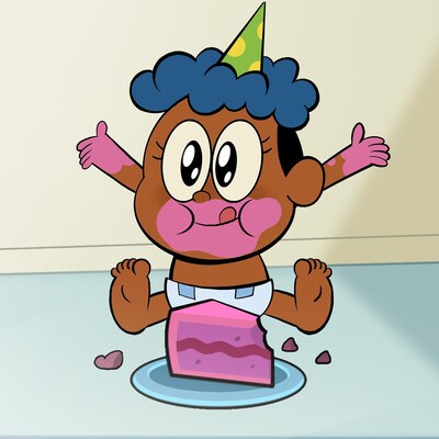Projection d'une photo d'un bébé qui mange un gâteau d'anniversaire.