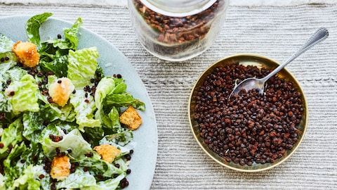 Un bol contenant du simili bacon de lentilles, accompagné d’une salade sur une table.