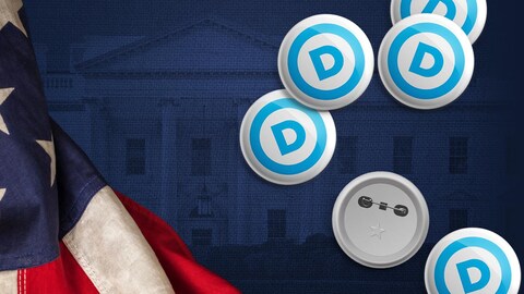 Visuel de la maison blanche en arrière plan avec drapeau américain et macarons de campagne électorale.