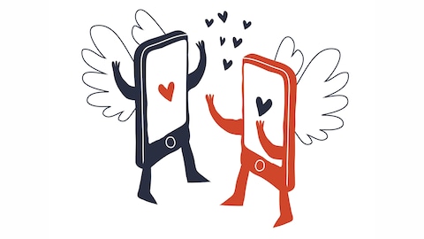 Un dessin montrant deux téléphones intelligents anthropomorphiques sur le point de s'enlacer.