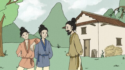 Illustration montrant trois personnages dans un paysage de ferme en Chine.