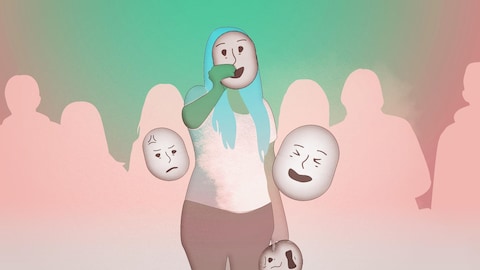 Radio-Canada / Francis Lamontagne Illustration d'une femme qui tient un masque de visage souriant devant le sien et qui en a d'autres en réserve.