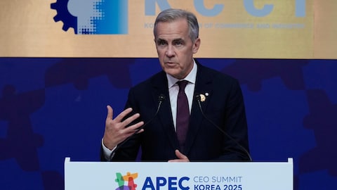 Canadian Prime Minister Mark Carney makes a keynote speech at the Asia-Pacific Economic Cooperation (APEC) CEO summit in Gyeongju, South Korea, Friday, Oct. 31, 2025. (AP Photo/Ng Han Guan)