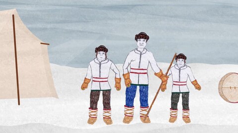 Illustration tirée du conte animé Le carcajou représentant trois hommes debout dans la neige.