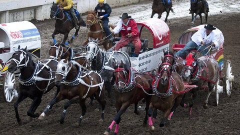 Deux chariots, l'un conduit par un homme en blanc et l'autre conduit par un homme en rouge, sont coude à coude sur une piste de terre. Deux chariots, l'un conduit par un homme en blanc et l'autre conduit par un homme en rouge, sont coude à coude sur une piste de terre.