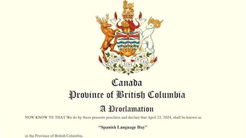 Detalle del documento oficial de la proclamación en la provincia de Columbia Británica del 23 de abril como el Día de la Lengua Española. · Détail du document officiel proclamant le 23 avril comme Journée de la langue espagnole dans la province de Colombie-Britannique. 
