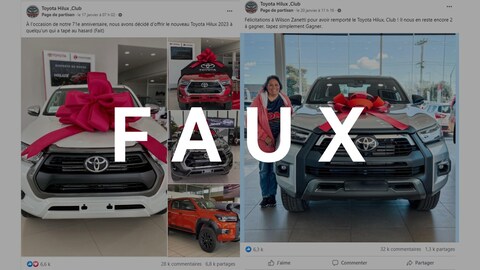 Captures d'écran de deux faux concours Toyota publiés sur Facebook.