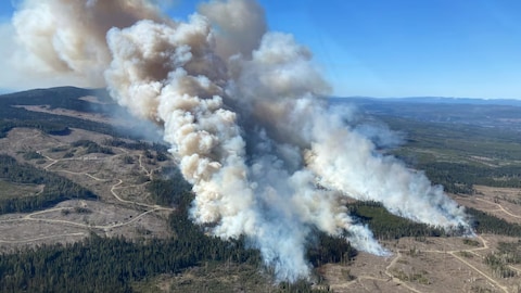 Vue aérienne d'un grand incendie qui brûle sur un territoire forestier, avec de grands panaches de fumée qui montent vers le ciel, le 20 avril 2024.