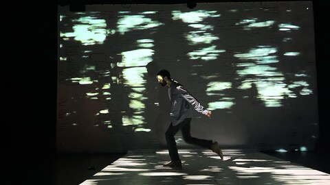 Un homme danse sur une scène. Des ombres sont projetées derrière lui.
