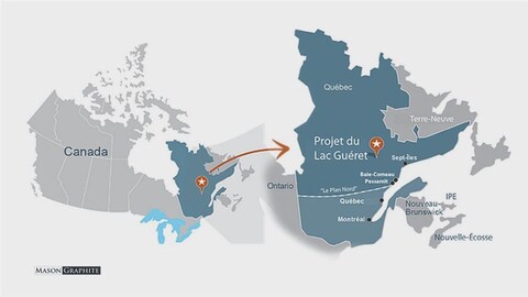 L'emplacement du Lac Guéret sur la carte (le projet d'exploitation de Mason Graphite). L'emplacement du Lac Guéret sur la carte (le projet d'exploitation de Mason Graphite).