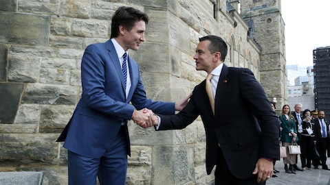 Canadian Prime Minister Justin Trudeau (L) greets Ecuadoran President Daniel Noboa during a welcoming ceremony on Parliament Hill in Ottawa, Canada, on March 5, 2024. (Photo by Dave Chan / AFP) (Photo by DAVE CHAN/AFP via Getty Images)