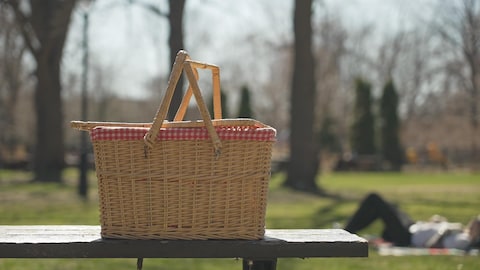 Un panier en osier sur une table de pique-niques dans un parc.