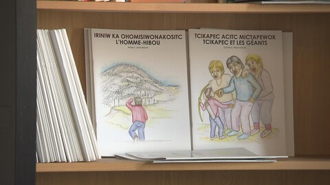 Des livres avec des titres en français et dans une langue autochtone.