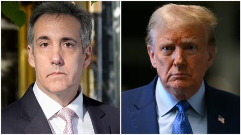 Michael Cohen, left, the former lawyer for Donald Trump, is shown in this composite photo with the former U.S. president. Cohen testified at Trump's criminal trial in New York on Monday and will be returning to the stand on Tuesday. 