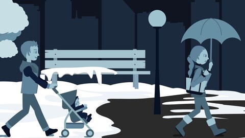 À droite, un homme promène son enfant dans la neige, alors qu'à droite, une femme se promène sous la pluie.