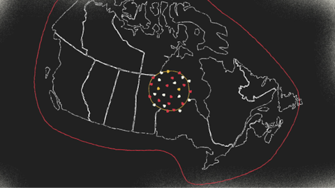 Radio-Canada / François Dubuc Le virus de la rougeole est dessiné sur une carte du Canada.