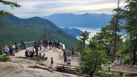 Des touristes marchent et sont assis sur une plateforme de bois surplombant une vaste forêt entourant un fjord.