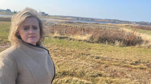 Une femme l'air triste dans un champ où il n'y a que du gazon et un quadrilatère où se trouvait autrefois un bâtiment.