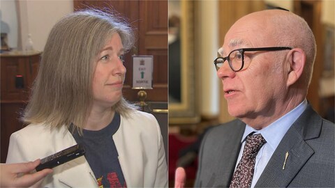 Un montage photo de la cheffe du Parti libéral du N.-B., Susan Holt, et le chef du Parti vert du N.-B., David Coon.