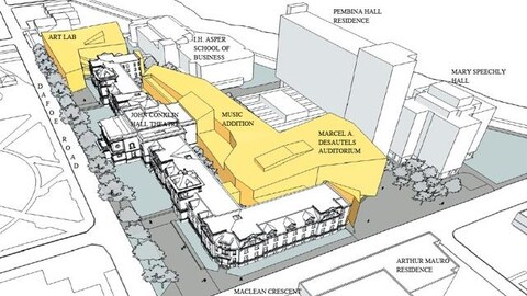Ce dessin montre les nouveaux édifices, en jaune, qui feront désormais partie du Complexe des arts Taché. Ce dessin montre les nouveaux édifices, en jaune, qui feront désormais partie du Complexe des arts Taché.