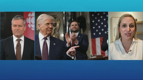 Un homme et une femme discutent alors qu'on voit des photos de Donald J. Trump et de J.D. Vance. 