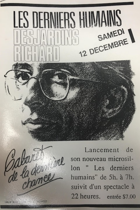 L'affiche du lancement de l'album « Les derniers humains », de Richard Desjardins, au Cabaret de la dernière chance, à Rouyn-Noranda, le 12 décembre 1987. L'affiche du lancement de l'album « Les derniers humains », de Richard Desjardins, au Cabaret de la dernière chance, à Rouyn-Noranda, le 12 décembre 1987.