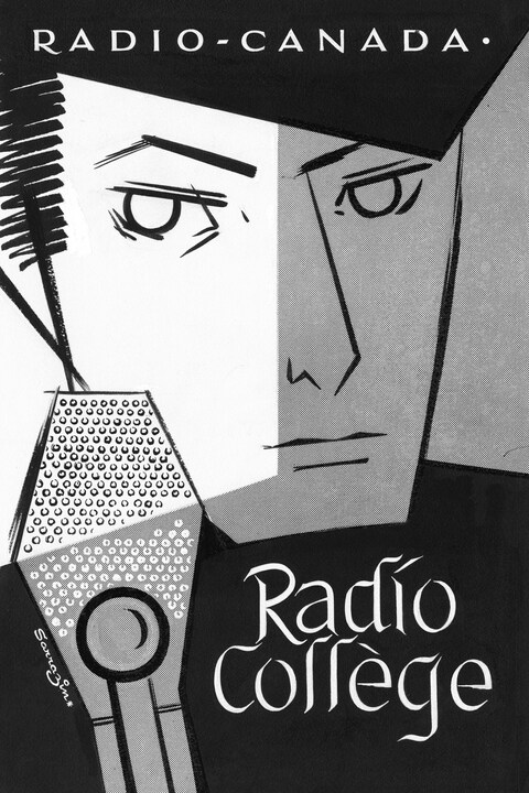 Illustration d'un jeune homme sérieux derrière le micro avec le titre de l'émission, « Radio-Collège ». Illustration d'un jeune homme sérieux derrière le micro avec le titre de l'émission, « Radio-Collège ».