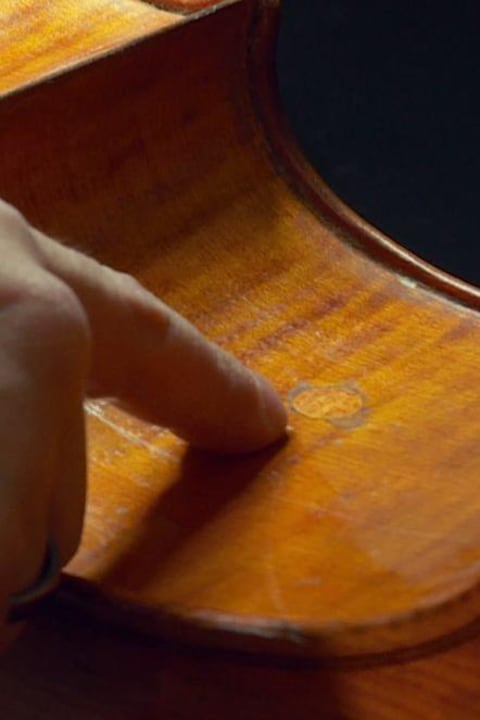 La main d'un homme pointe vers une marque ronde dans le bois, sur le flanc d'un violoncelle. La main d'un homme pointe vers une marque ronde dans le bois, sur le flanc d'un violoncelle.