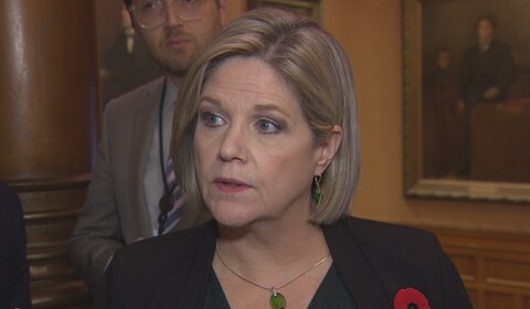 Andrea Horwath en scrums avec des journalistes à Queen's Park. Andrea Horwath en scrums avec des journalistes à Queen's Park.