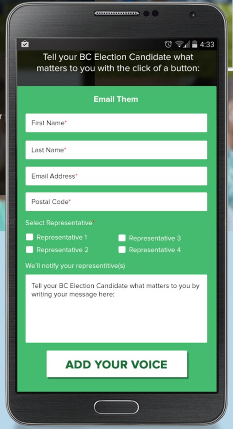 Interface du site BCvoters.ca sur un téléphone cellulaire Interface du site BCvoters.ca sur un téléphone cellulaire