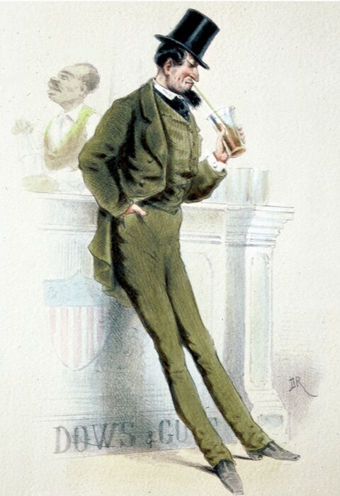 Un homme portant un costume trois pièces et un haut-de-forme boit un cocktail dans un verre avec une longue paille qui est une tige végétale. Il est adossé à un bar. Un homme portant un costume trois pièces et un haut-de-forme boit un cocktail dans un verre avec une longue paille qui est une tige végétale. Il est adossé à un bar.