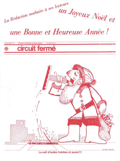 Illustration d'un Père Noël qui boit à même la Tour de Radio-Canada arrachée au sol. Dans son sac, le logo de Radio-Canada Illustration d'un Père Noël qui boit à même la Tour de Radio-Canada arrachée au sol. Dans son sac, le logo de Radio-Canada