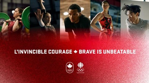 Un montage photo montre cinq athlètes et il est écrit sous le montage : L'invincible courage - Brave is unbeatable