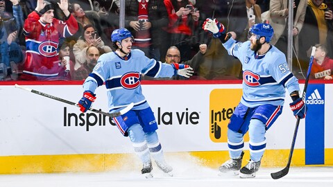 Deux hockeyeurs ouvrent les bras après avoir inscrit un but.