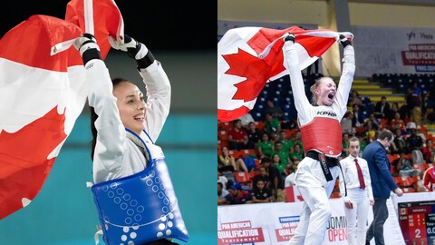 Deux taekwondoïstes font flotter le drapeau canadien au-dessus de leur tête.