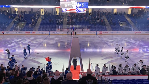 Des joueurs de hockey sur une patinoire et des spectateurs debout dans les gradins pendant qu'une femme est sur un tapis rouge sur la glace.
