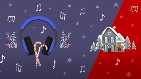 Une paire d'écouteurs avec des cannes de Noël et une maison enneigée.