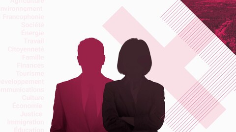 Silhouettes de candidats sur fond de carte du Nouveau-Brunswick, ainsi que les couleurs des partis.