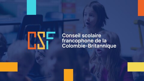 Infographie : le logo du Conseil scolaire francophone et une photo d'enfants