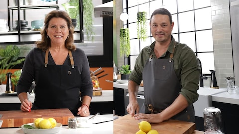 Photo de Marina Orsini et Marc-André Royal dans la cuisine de 5 chefs dans ma cuisine.